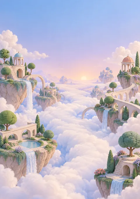 Pastel floating garden islands, arched bridges, and waterfalls above a river of clouds