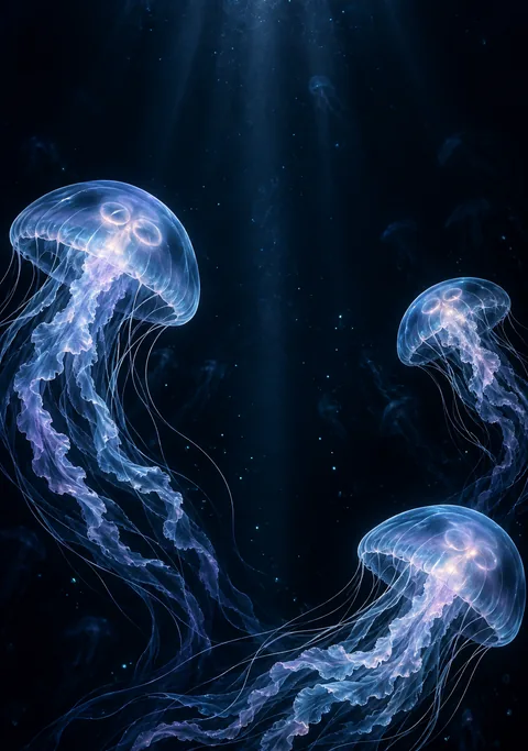 Three translucent blue and violet jellyfish drifting through a deep midnight ocean