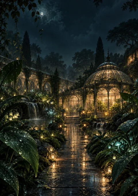 A warmly lit glass greenhouse in a rain-soaked midnight garden with luminous plants