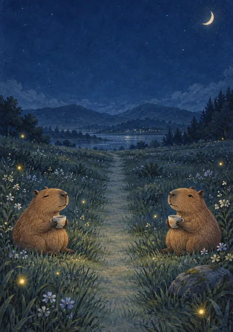 Two capybaras holding tea beside a central path in a blue moonlit meadow