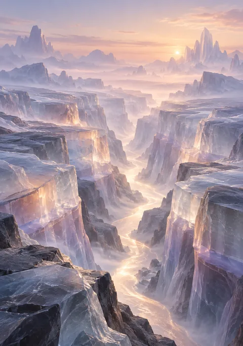 A luminous river winding through a canyon made of frosted violet glass at sunrise